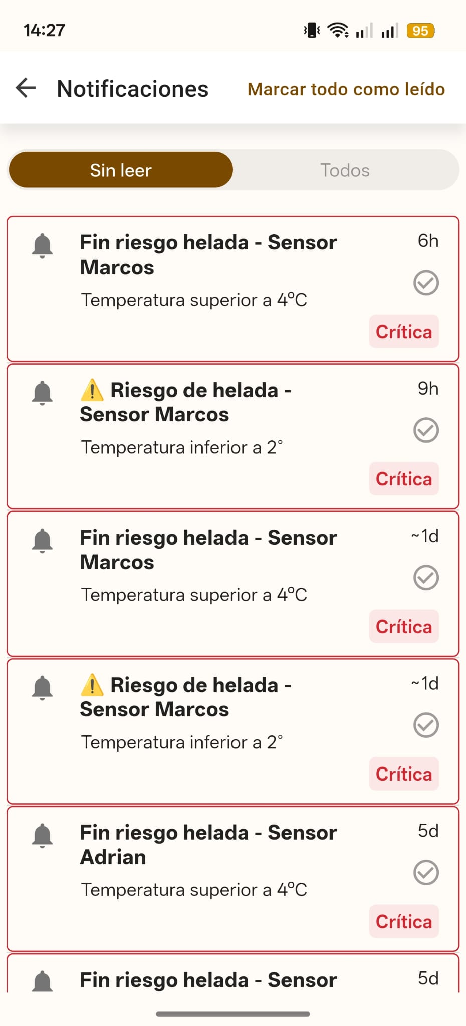App rpiot — listado de alertas de helada