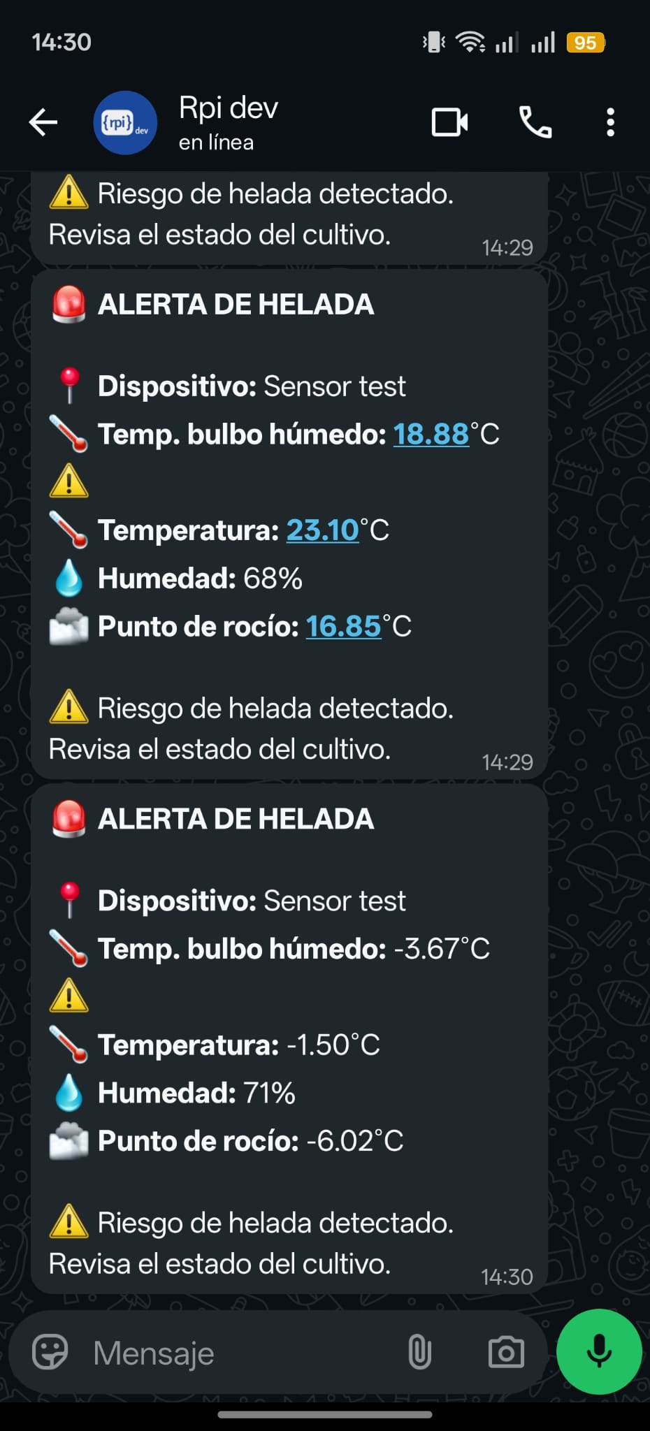 Alerta de helada recibida por WhatsApp desde rpiot