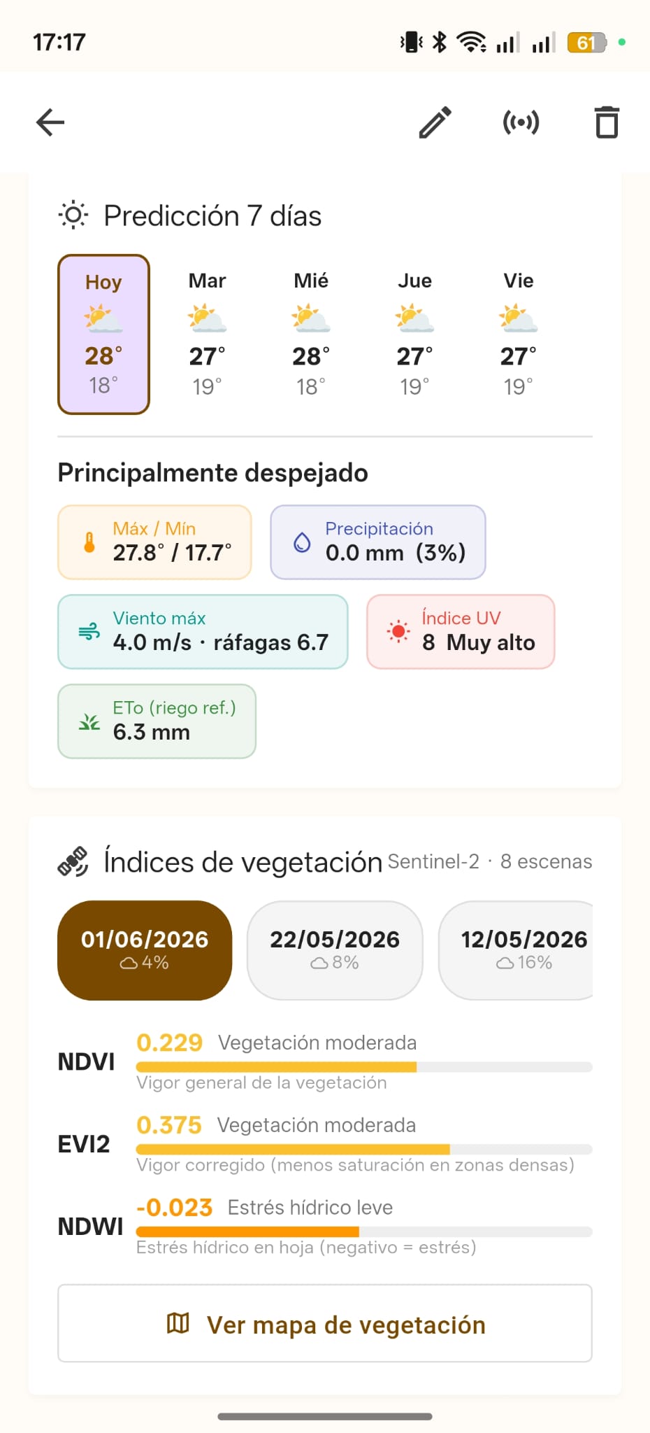 App rpiot — predicción meteorológica a 7 días e índices de vegetación NDVI, EVI2 y NDWI por parcela